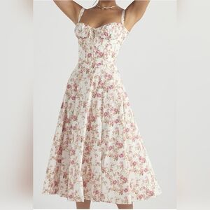 Glnege A-line Bohemian Floral Corset Peasant Prairie  Slit Midi Zip Dress